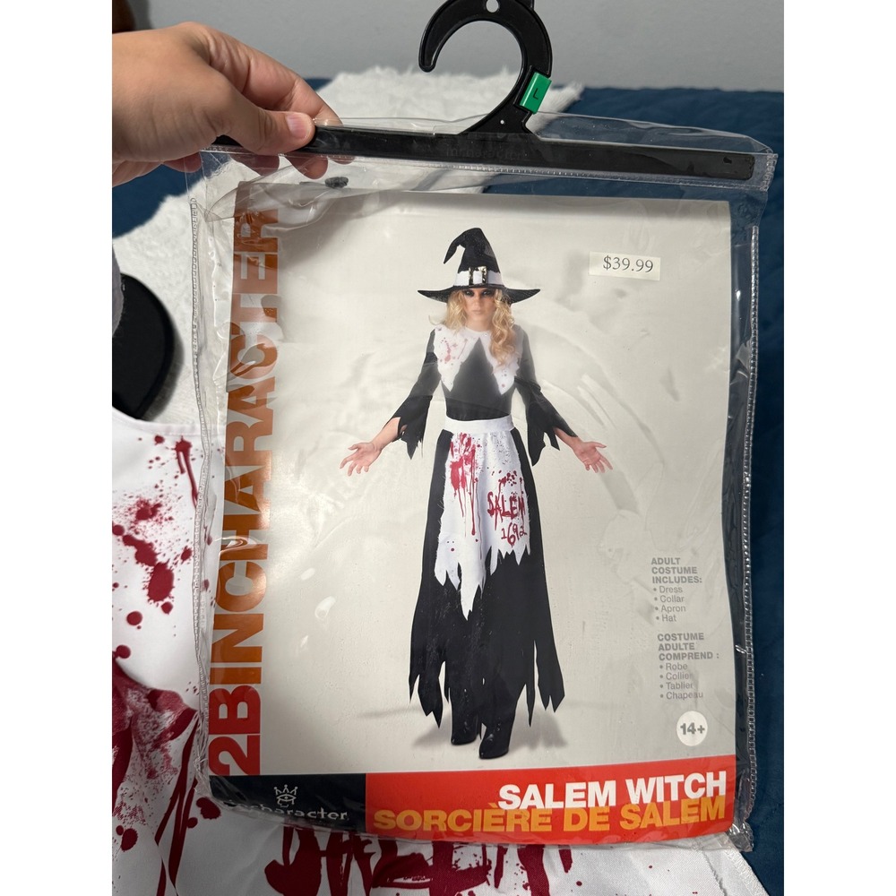 InCharacter Salem Witch Costume Adult Large Black White Blood Splatter 4pc Set